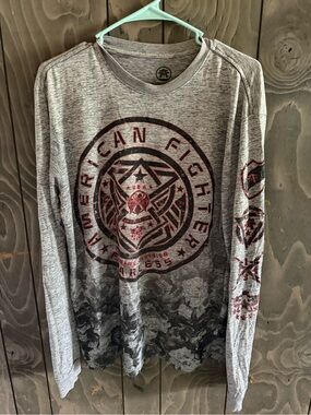American Fighter Heather Gray Long Sleeve Tee with Red Graphic